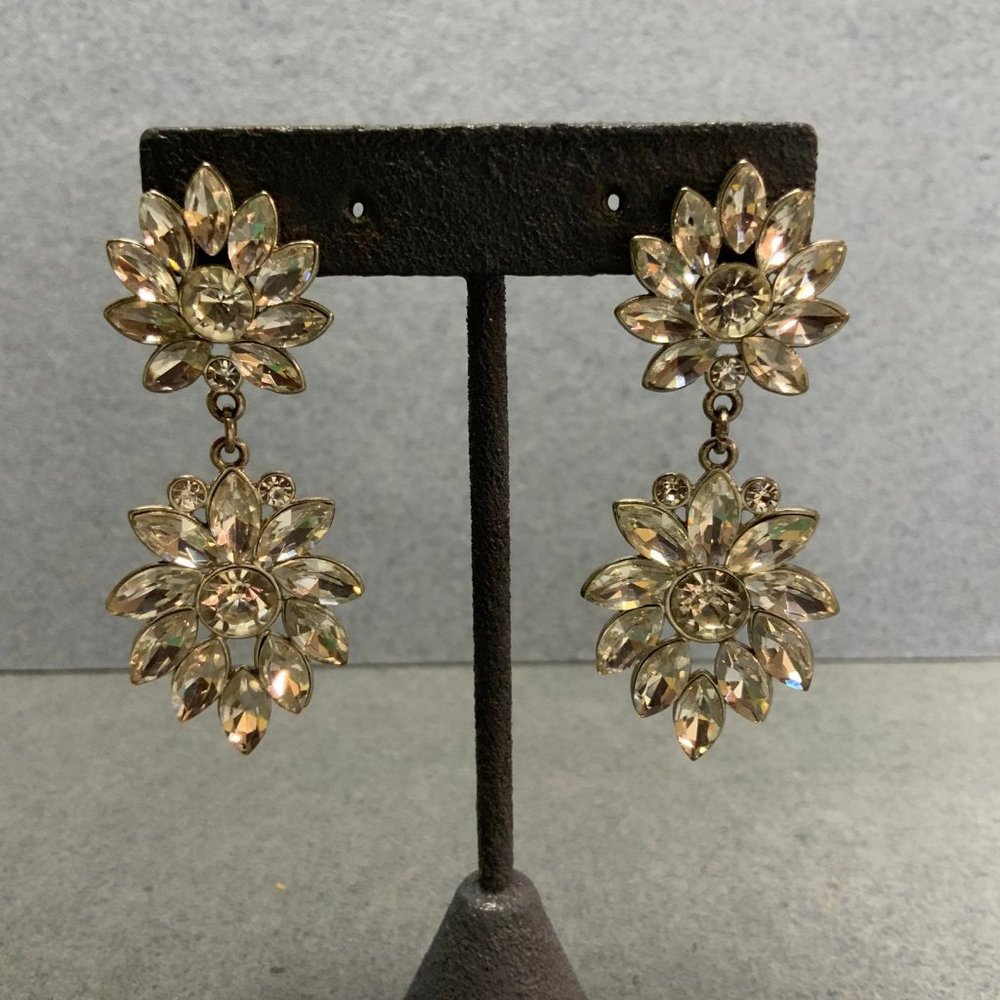 Dangle Pierced Earrings Silver Rhinestone Double